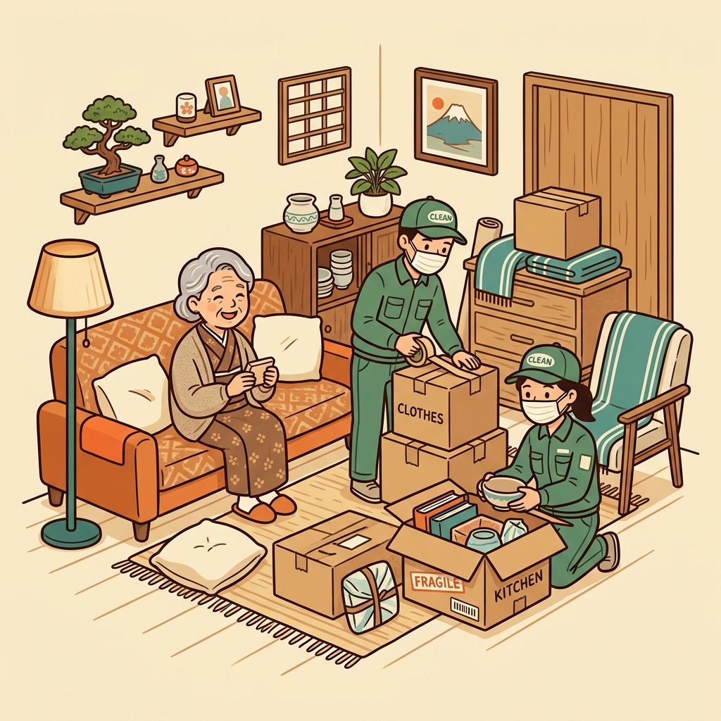 あんど屋のスタッフがお客様のお家のお片付けをお手伝いしているイラスト