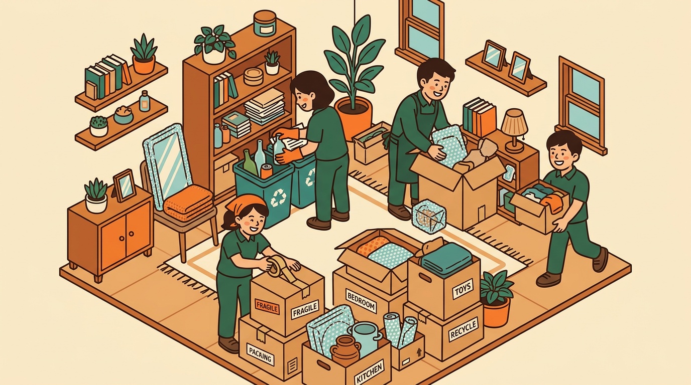 スタッフが箱詰めをしているイラスト