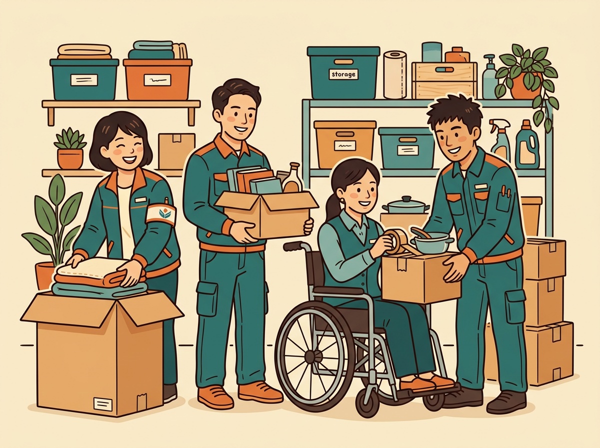 多様なスタッフが協力してお片付け作業をしているイラスト
